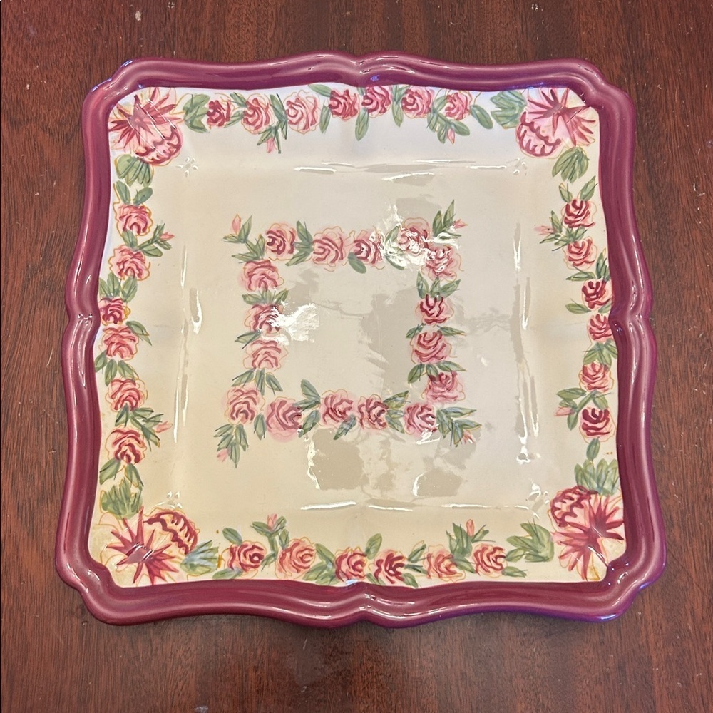 Certified International square burgundy floral serving platter EUC